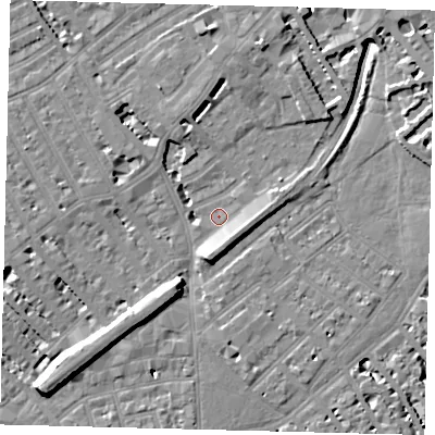 Shaded relief map of the ground around SW64HH, computed from Environment Agency LiDAR. The ground here sits at about 4 m above sea level and falls 10 m across the surrounding 800 m. Surface water reaching this point runs off ground lying to the south, 5.8 m higher.