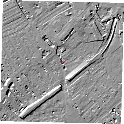 Shaded relief map of the ground around SW64HL, computed from Environment Agency LiDAR. The ground here sits at about 2 m above sea level and falls 10 m across the surrounding 800 m. Surface water reaching this point runs off ground lying to the south-west, 8.5 m higher.