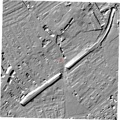 Shaded relief map of the ground around SW64HS, computed from Environment Agency LiDAR. The ground here sits at about 4 m above sea level and falls 10 m across the surrounding 800 m. Surface water reaching this point runs off ground lying to the south-west, 8.8 m higher.