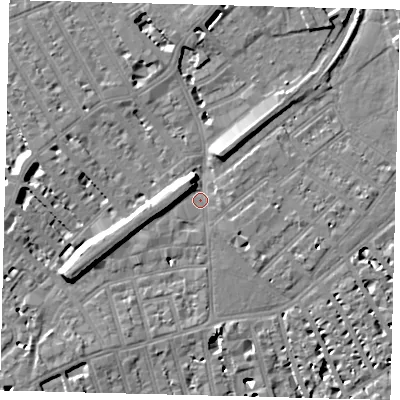 Shaded relief map of the ground around SW64HU, computed from Environment Agency LiDAR. The ground here sits at about 4 m above sea level and falls 10 m across the surrounding 800 m. Surface water reaching this point runs off ground lying to the west-south-west, 5.3 m higher.