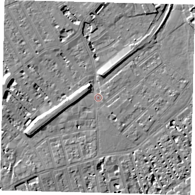 Shaded relief map of the ground around SW64JA, computed from Environment Agency LiDAR. The ground here sits at about 4 m above sea level and falls 10 m across the surrounding 800 m. Surface water reaching this point runs off ground lying to the west-south-west, 5.3 m higher.