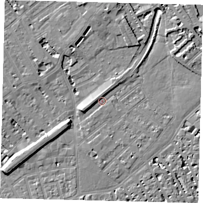Shaded relief map of the ground around SW64JB, computed from Environment Agency LiDAR. The ground here sits at about 4 m above sea level and falls 10 m across the surrounding 800 m. Surface water reaching this point runs off ground lying to the west-south-west, 3.6 m higher.