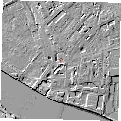 Shaded relief map of the ground around SW64NZ, computed from Environment Agency LiDAR. The ground here sits at about 5 m above sea level and falls 9 m across the surrounding 800 m. Surface water reaching this point runs off ground lying to the south-west, 9.3 m higher.
