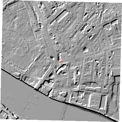 Shaded relief map of the ground around SW64PA, computed from Environment Agency LiDAR. The ground here sits at about 4 m above sea level and falls 9 m across the surrounding 800 m. Surface water reaching this point runs off ground lying to the south-west, 9.3 m higher.