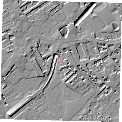 Shaded relief map of the ground around SW64PD, computed from Environment Agency LiDAR. The ground here sits at about 3 m above sea level and falls 10 m across the surrounding 800 m. Surface water reaching this point runs off ground lying to the west, 6.9 m higher.