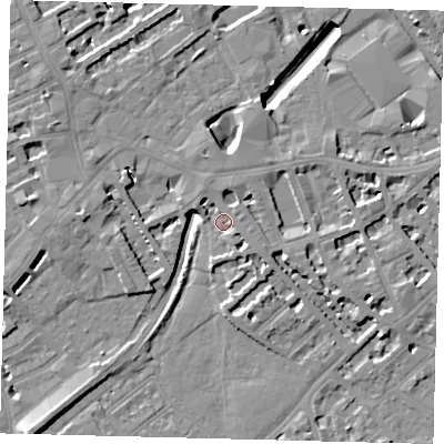 Shaded relief map of the ground around SW64PH, computed from Environment Agency LiDAR. The ground here sits at about 3 m above sea level and falls 10 m across the surrounding 800 m. Surface water reaching this point runs off ground lying to the south-west, 7.8 m higher.