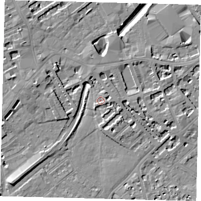 Shaded relief map of the ground around SW64PP, computed from Environment Agency LiDAR. The ground here sits at about 3 m above sea level and falls 10 m across the surrounding 800 m. Surface water reaching this point runs off ground lying to the south-west, 8.1 m higher.