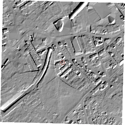 Shaded relief map of the ground around SW64PS, computed from Environment Agency LiDAR. The ground here sits at about 3 m above sea level and falls 9 m across the surrounding 800 m. Surface water reaching this point runs off ground lying to the south-west, 8.1 m higher.