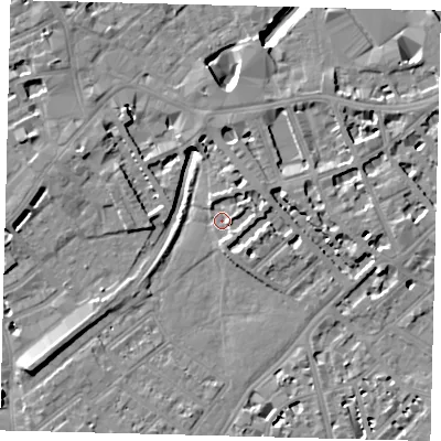 Shaded relief map of the ground around SW64PT, computed from Environment Agency LiDAR. The ground here sits at about 3 m above sea level and falls 10 m across the surrounding 800 m. Surface water reaching this point runs off ground lying to the south-west, 8.1 m higher.