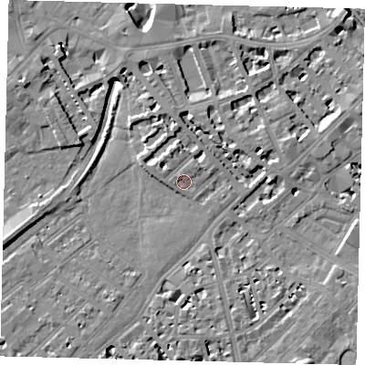 Shaded relief map of the ground around SW64QE, computed from Environment Agency LiDAR. The ground here sits at about 4 m above sea level and falls 9 m across the surrounding 800 m. Surface water reaching this point runs off ground lying to the north-north-west, 1.5 m higher.