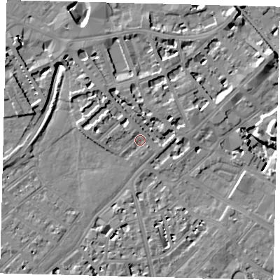 Shaded relief map of the ground around SW64QJ, computed from Environment Agency LiDAR. The ground here sits at about 3 m above sea level and falls 13 m across the surrounding 800 m. Surface water reaching this point runs off ground lying to the north-west, 3.0 m higher.