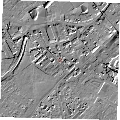 Shaded relief map of the ground around SW64QL, computed from Environment Agency LiDAR. The ground here sits at about 3 m above sea level and falls 13 m across the surrounding 800 m. Surface water reaching this point runs off ground lying to the north-west, 3.7 m higher.