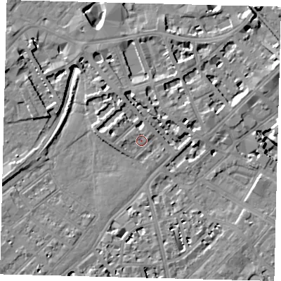 Shaded relief map of the ground around SW64QQ, computed from Environment Agency LiDAR. The ground here sits at about 4 m above sea level and falls 9 m across the surrounding 800 m. Surface water reaching this point runs off ground lying to the north-north-west, 1.3 m higher.