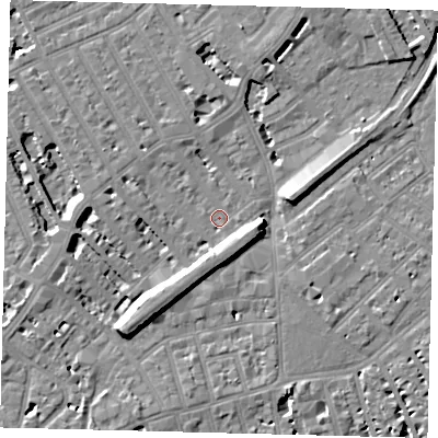 Shaded relief map of the ground around SW64QY, computed from Environment Agency LiDAR. The ground here sits at about 4 m above sea level and falls 9 m across the surrounding 800 m. Surface water reaching this point runs off ground lying to the south-west, 8.8 m higher.