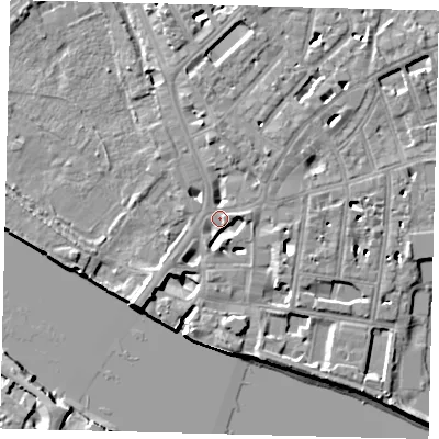 Shaded relief map of the ground around SW64RN, computed from Environment Agency LiDAR. The ground here sits at about 4 m above sea level and falls 9 m across the surrounding 800 m. Surface water reaching this point runs off ground lying to the south-west, 9.3 m higher.