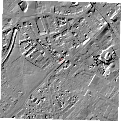 Shaded relief map of the ground around SW64SA, computed from Environment Agency LiDAR. The ground here sits at about 2 m above sea level and falls 13 m across the surrounding 800 m. Surface water reaching this point runs off ground lying to the north-west, 3.7 m higher.