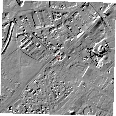 Shaded relief map of the ground around SW64SB, computed from Environment Agency LiDAR. The ground here sits at about 3 m above sea level and falls 13 m across the surrounding 800 m. Surface water reaching this point runs off ground lying to the north-east, 3.8 m higher.