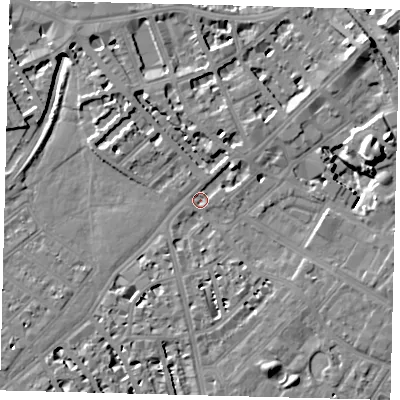Shaded relief map of the ground around SW64SD, computed from Environment Agency LiDAR. The ground here sits at about 3 m above sea level and falls 13 m across the surrounding 800 m. Surface water reaching this point runs off ground lying to the north-north-west, 3.7 m higher.