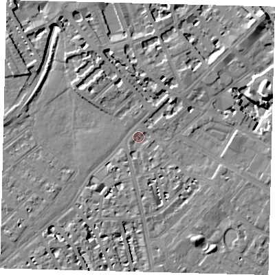 Shaded relief map of the ground around SW64SE, computed from Environment Agency LiDAR. The ground here sits at about 3 m above sea level and falls 13 m across the surrounding 800 m. Surface water reaching this point runs off ground lying to the east-north-east, 13.1 m higher.