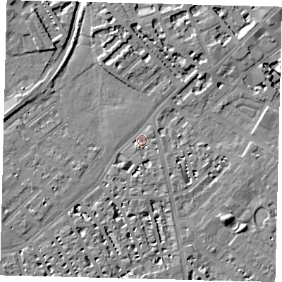 Shaded relief map of the ground around SW64SF, computed from Environment Agency LiDAR. The ground here sits at about 3 m above sea level and falls 8 m across the surrounding 800 m. Surface water reaching this point runs off ground lying to the south-south-west, 4.6 m higher.