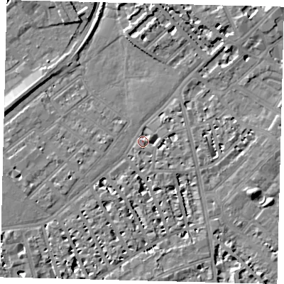 Shaded relief map of the ground around SW64SJ, computed from Environment Agency LiDAR. The ground here sits at about 4 m above sea level and falls 8 m across the surrounding 800 m. Surface water reaching this point runs off ground lying to the south, 4.5 m higher.