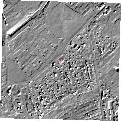 Shaded relief map of the ground around SW64SL, computed from Environment Agency LiDAR. The ground here sits at about 4 m above sea level and falls 9 m across the surrounding 800 m. Surface water reaching this point runs off ground lying to the south-west, 4.4 m higher.