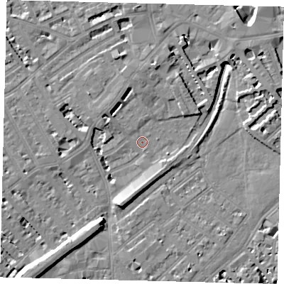 Shaded relief map of the ground around SW65PG, computed from Environment Agency LiDAR. The ground here sits at about 4 m above sea level and falls 10 m across the surrounding 800 m. Surface water reaching this point runs off ground lying to the south-west, 7.2 m higher.