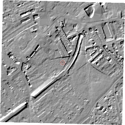 Shaded relief map of the ground around SW65QD, computed from Environment Agency LiDAR. The ground here sits at about 3 m above sea level and falls 10 m across the surrounding 800 m. Surface water reaching this point runs off ground lying to the south-west, 9.1 m higher.