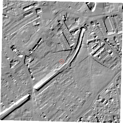 Shaded relief map of the ground around SW65QF, computed from Environment Agency LiDAR. The ground here sits at about 3 m above sea level and falls 10 m across the surrounding 800 m. Surface water reaching this point runs off ground lying to the south-west, 9.0 m higher.