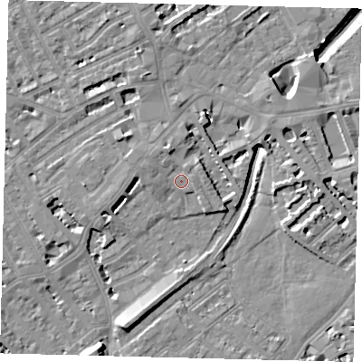 Shaded relief map of the ground around SW65QQ, computed from Environment Agency LiDAR. The ground here sits at about 4 m above sea level and falls 10 m across the surrounding 800 m. Surface water reaching this point runs off ground lying to the west, 1.9 m higher.