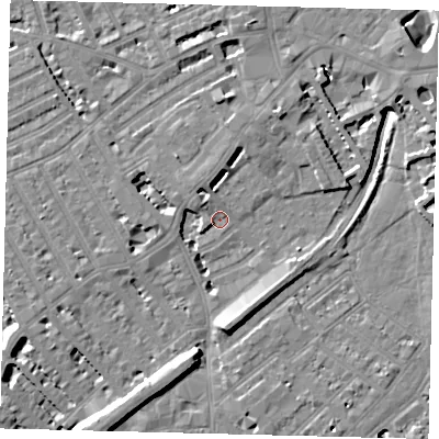 Shaded relief map of the ground around SW65TJ, computed from Environment Agency LiDAR. The ground here sits at about 3 m above sea level and falls 10 m across the surrounding 800 m. Surface water reaching this point runs off ground lying to the north-north-west, 3.6 m higher.