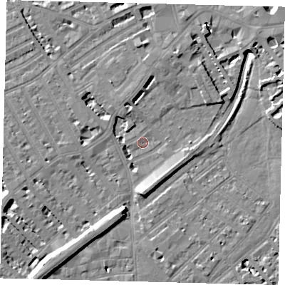 Shaded relief map of the ground around SW65TN, computed from Environment Agency LiDAR. The ground here sits at about 3 m above sea level and falls 11 m across the surrounding 800 m. Surface water reaching this point runs off ground lying to the south-south-west, 7.2 m higher.