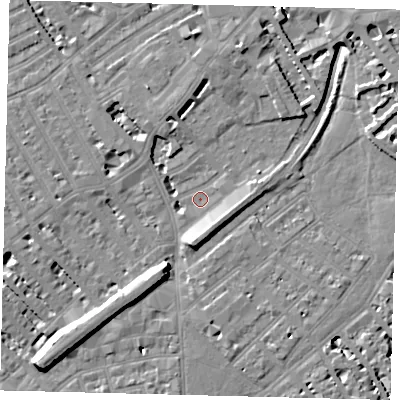 Shaded relief map of the ground around SW65TP, computed from Environment Agency LiDAR. The ground here sits at about 3 m above sea level and falls 10 m across the surrounding 800 m. Surface water reaching this point runs off ground lying to the south, 5.8 m higher.