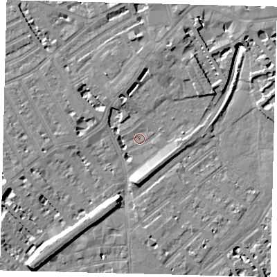 Shaded relief map of the ground around SW65TW, computed from Environment Agency LiDAR. The ground here sits at about 3 m above sea level and falls 10 m across the surrounding 800 m. Surface water reaching this point runs off ground lying to the south-south-west, 7.2 m higher.