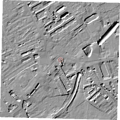 Shaded relief map of the ground around SW65UA, computed from Environment Agency LiDAR. The ground here sits at about 4 m above sea level and falls 9 m across the surrounding 800 m. Surface water reaching this point runs off ground lying to the south-south-east, 3.8 m higher.