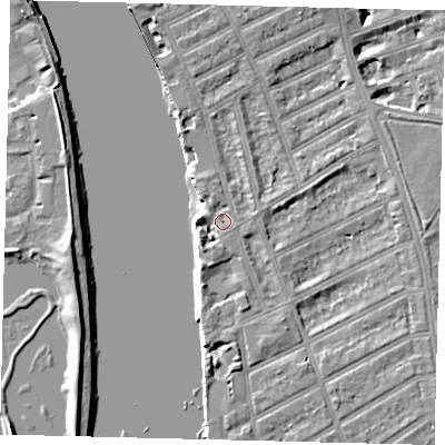 Shaded relief map of the ground around SW66AR, computed from Environment Agency LiDAR. The ground here sits at about 5 m above sea level and falls 7 m across the surrounding 800 m. Surface water reaching this point runs off ground lying to the south-south-west, 2.5 m higher.