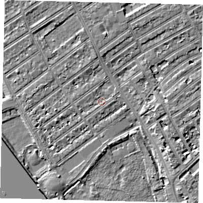 Shaded relief map of the ground around SW66DS, computed from Environment Agency LiDAR. The ground here sits at about 4 m above sea level and falls 7 m across the surrounding 800 m. Surface water reaching this point runs off ground lying to the west, 1.4 m higher.