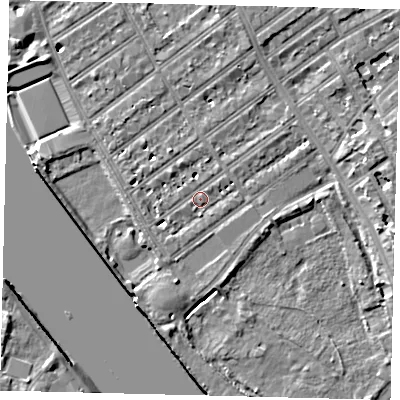 Shaded relief map of the ground around SW66DT, computed from Environment Agency LiDAR. The ground here sits at about 5 m above sea level and falls 7 m across the surrounding 800 m. Surface water reaching this point runs off ground lying to the south, 4.3 m higher.