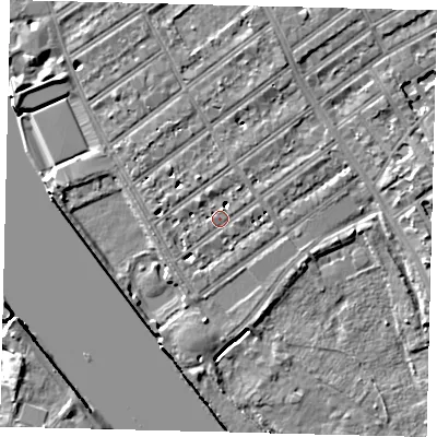 Shaded relief map of the ground around SW66DU, computed from Environment Agency LiDAR. The ground here sits at about 5 m above sea level and falls 7 m across the surrounding 800 m. Surface water reaching this point runs off ground lying to the west-south-west, 1.3 m higher.