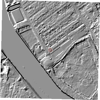 Shaded relief map of the ground around SW66DX, computed from Environment Agency LiDAR. The ground here sits at about 5 m above sea level and falls 7 m across the surrounding 800 m. Surface water reaching this point runs off ground lying to the north-north-west, 4.3 m higher.