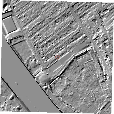 Shaded relief map of the ground around SW66DY, computed from Environment Agency LiDAR. The ground here sits at about 5 m above sea level and falls 7 m across the surrounding 800 m. Surface water reaching this point runs off ground lying to the west-north-west, 4.3 m higher.