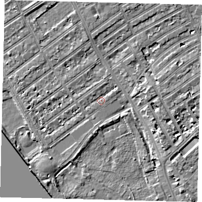 Shaded relief map of the ground around SW66DZ, computed from Environment Agency LiDAR. The ground here sits at about 4 m above sea level and falls 7 m across the surrounding 800 m. Surface water reaching this point runs off ground lying to the north-north-west, 4.1 m higher.