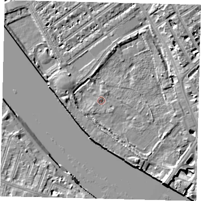 Shaded relief map of the ground around SW66EA, computed from Environment Agency LiDAR. The ground here sits at about 4 m above sea level and falls 8 m across the surrounding 800 m. Surface water reaching this point runs off ground lying to the south-south-east, 2.8 m higher.