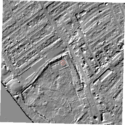 Shaded relief map of the ground around SW66ED, computed from Environment Agency LiDAR. The ground here sits at about 4 m above sea level and falls 7 m across the surrounding 800 m. Surface water reaching this point runs off ground lying to the east, 6.6 m higher.