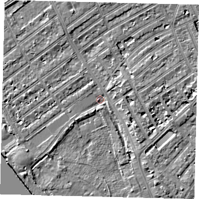 Shaded relief map of the ground around SW66EE, computed from Environment Agency LiDAR. The ground here sits at about 4 m above sea level and falls 7 m across the surrounding 800 m. Surface water reaching this point runs off ground lying to the south-east, 6.5 m higher.