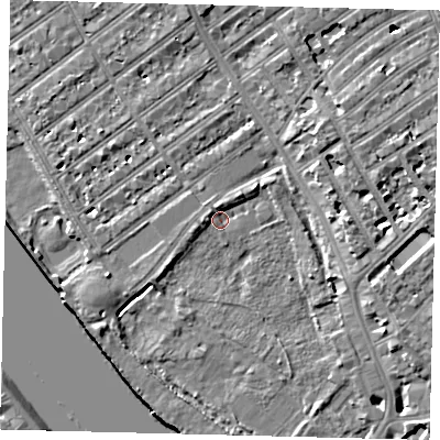 Shaded relief map of the ground around SW66EG, computed from Environment Agency LiDAR. The ground here sits at about 4 m above sea level and falls 7 m across the surrounding 800 m. Surface water reaching this point runs off ground lying to the north-north-west, 2.4 m higher.