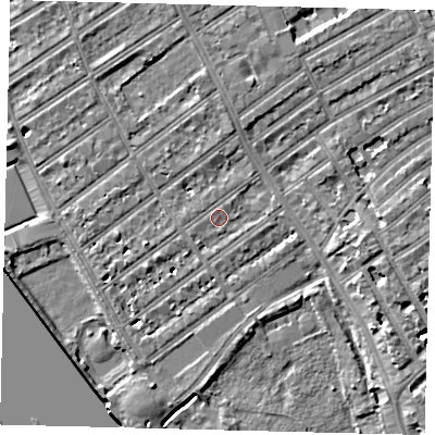 Shaded relief map of the ground around SW66EL, computed from Environment Agency LiDAR. The ground here sits at about 5 m above sea level and falls 7 m across the surrounding 800 m. Surface water reaching this point runs off ground lying to the west-south-west, 1.4 m higher.