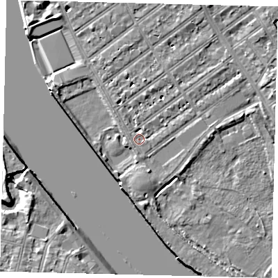 Shaded relief map of the ground around SW66ER, computed from Environment Agency LiDAR. The ground here sits at about 5 m above sea level and falls 7 m across the surrounding 800 m. Surface water reaching this point runs off ground lying to the north-north-east, 4.3 m higher.