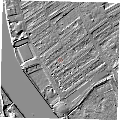 Shaded relief map of the ground around SW66EU, computed from Environment Agency LiDAR. The ground here sits at about 5 m above sea level and falls 7 m across the surrounding 800 m. Surface water reaching this point runs off ground lying to the south-south-east, 3.3 m higher.