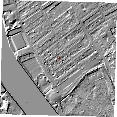 Shaded relief map of the ground around SW66EW, computed from Environment Agency LiDAR. The ground here sits at about 5 m above sea level and falls 7 m across the surrounding 800 m. Surface water reaching this point runs off ground lying to the west-south-west, 4.1 m higher.